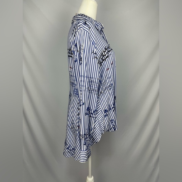 Chico’s High low button up blue white striped script writing top women’s size M - Picture 4 of 15